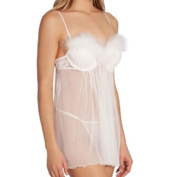 In-Bloom By Jonquil Marabou Trim Chemise & Thong - Picture 2 of 9